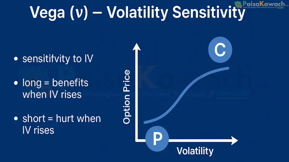 Visual representation of Vega (ν) showing that option value increases as Implied Volatility (IV) rises. Vega is highest for ATM options.