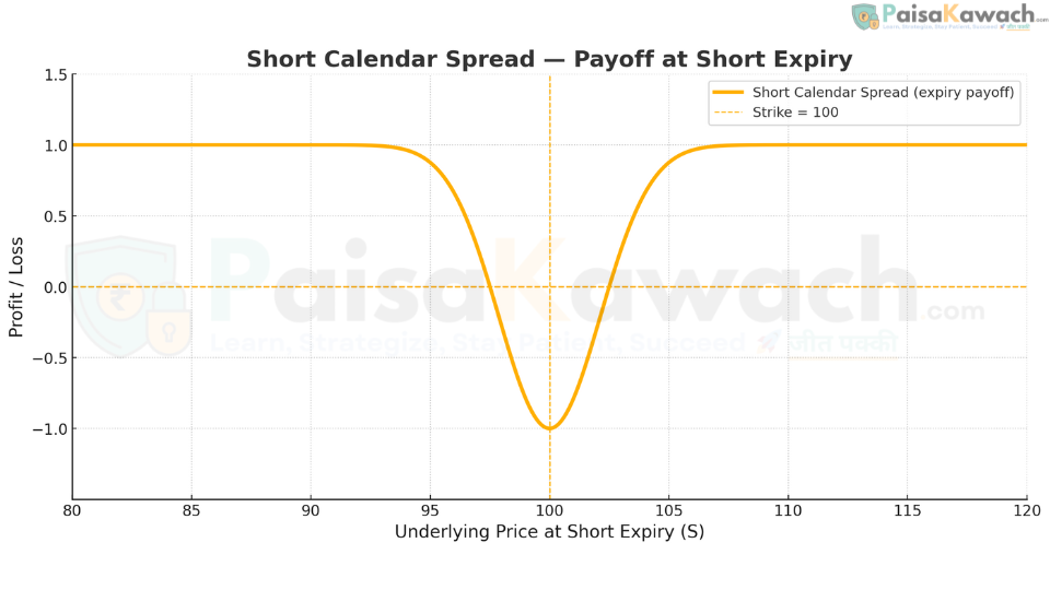 Payoff diagram for a Short Calendar Spread. The graph is an inverted 'U', showing maximum loss at the strike price and limited profit on the wings. This highlights the significant risk of the strategy if the underlying price remains stable.