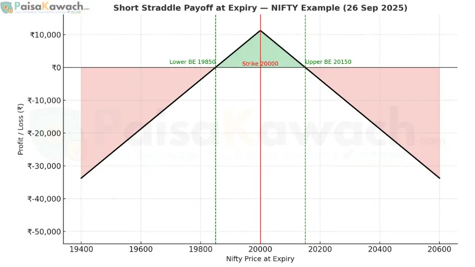 Short Straddle Payoff Chart at expiration. It shows a tall peak of maximum profit at the strike price, with profit decreasing linearly as the underlying price moves away, turning into steep loss slopes on either side, illustrating the unlimited risk.