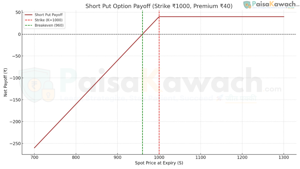 Short Put payoff diagram showing limited profit (premium) and large, defined losses if the underlying price falls below the breakeven.
